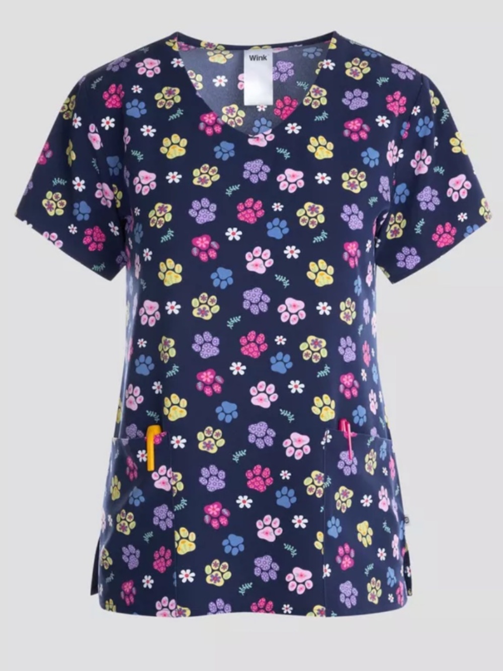 Wink Springtime Stroll Paws Women's 2-Pocket STRETCH V- Neck Print Scrub Top